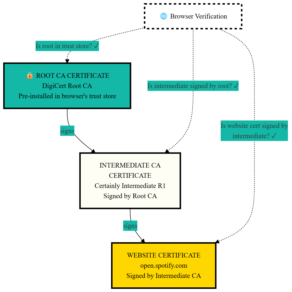 Diagram showing the chain of trust: Root CA certificate (pre-installed in browser) signs the Intermediate CA certificate, which signs the website certificate for open.spotify.com, with browser verification checking each link