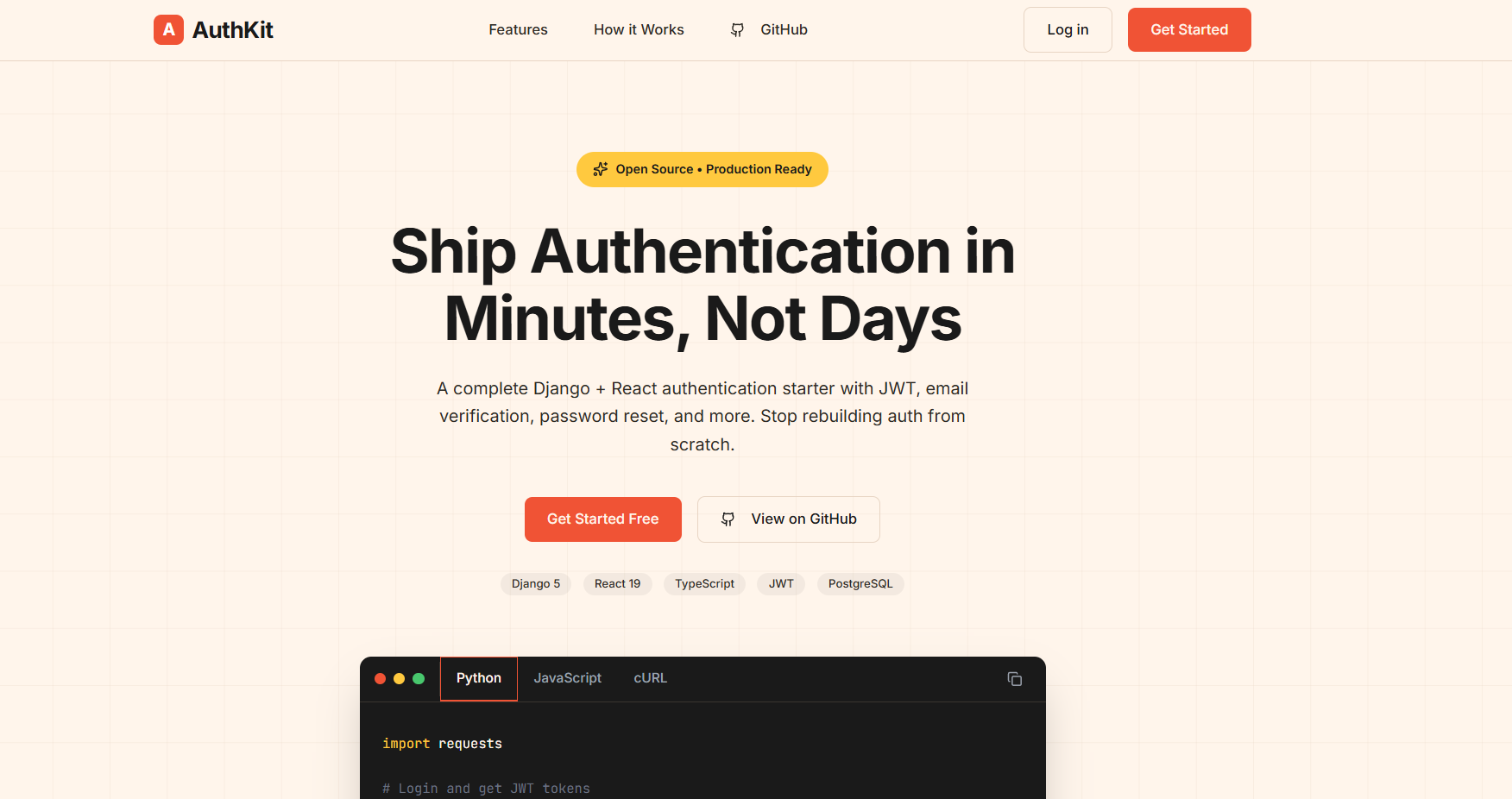 AuthKit landing page - Ship Authentication in Minutes, Not Days - with Django 5, React 19, TypeScript, JWT, and PostgreSQL