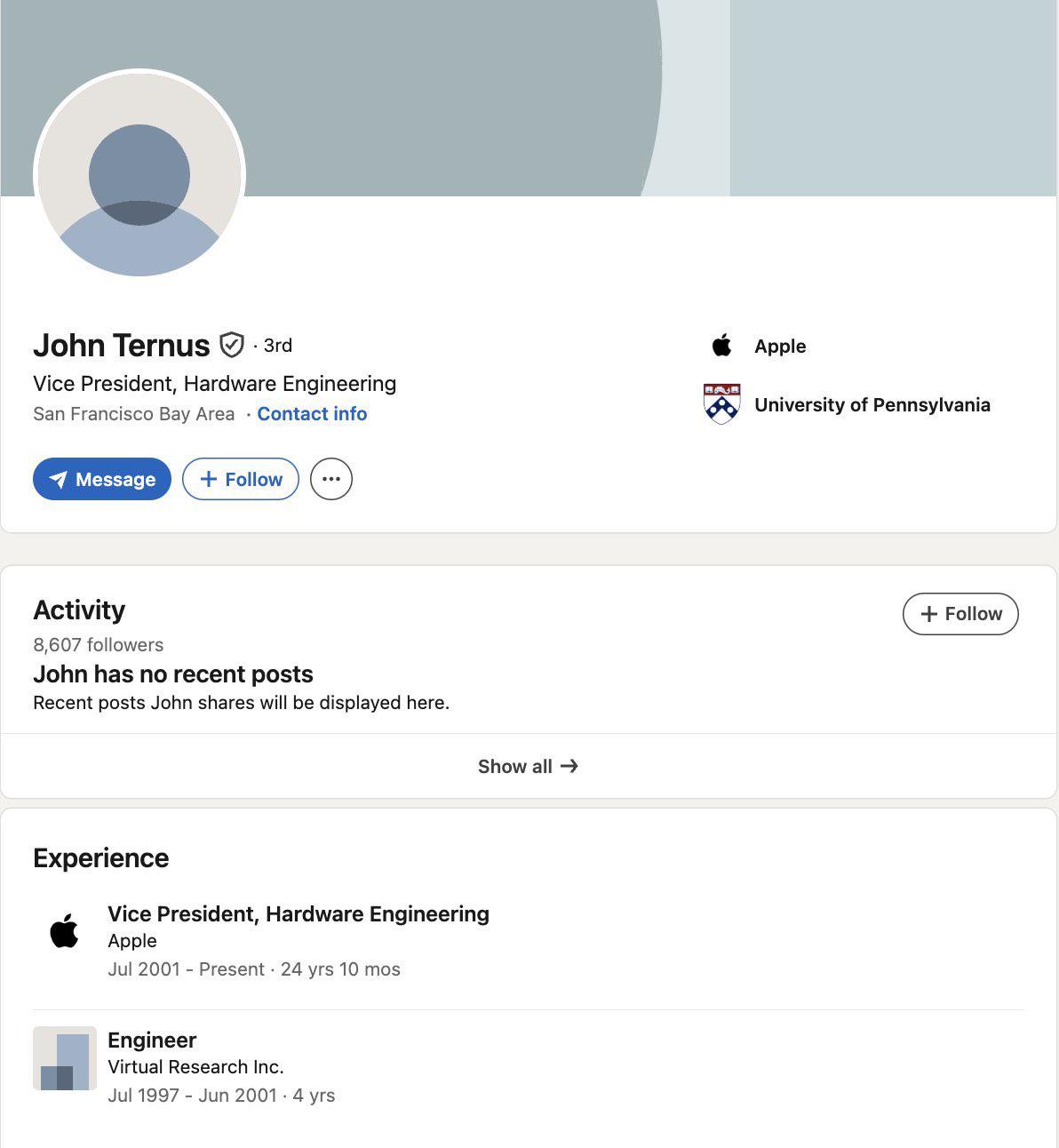 LinkedIn profile of John Ternus, Apple's incoming CEO - two roles, default placeholder avatar, 8,607 followers